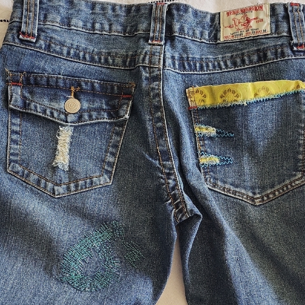 True Religion Denim Jeans With Yellow Accent Pocket.  Row 29 Seat 34